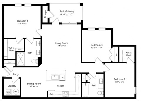 Floor plan for 3 beds, 2 baths, 1432 sqft